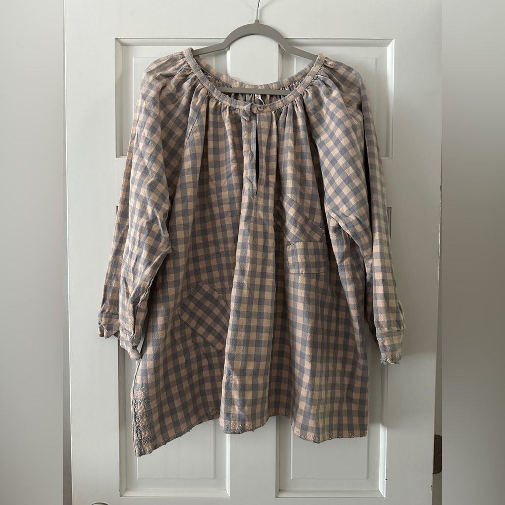Magnolia Pearl 100% Cotton French Checked Top Shirt With Hand Stitched Patching